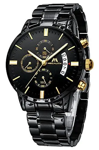 Produktbild: MEGALITH Uhren Herren Schwarz Edelstahl: Chronographen Armbanduhr Herren Wasserdicht - Herrenuhr Groß Ziffernblatt Leuchtende Datum