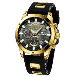 Produktbild: MEGALITH Herrenuhr Schwarz Sportlich Chronographen Herren Armbanduhr Gold Groß Wasserdicht Analog Uhren fur Männer Gummi Uhr Designer Modisch Leuchtende Datum