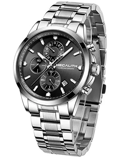 Produktbild: MEGALITH Herrenuhr Silber Edelstahl Chronographen Armbanduhr Herren Wasserdicht Analog Uhr Herren Klassisch Business Designer Uhren fur Männer Schwarz Lässig Datum Leuchtend Geschenke für Männer