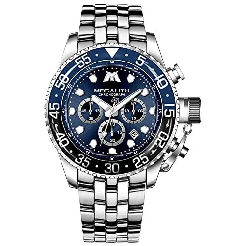 Produktbild: MEGALITH Herrenuhr Silber Edelstahl Chronographen Armbanduhr Herren Wasserdicht Groß Analog Uhr Herren Business Design Uhren fur Männer Blau Zifferblatt Kalender Leuchtend