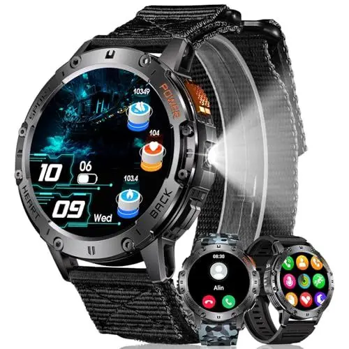 Produktbild: MEGALITH Smartwatch Herren Fitness Uhren: LED Taschenlampe Wasserdicht IP68 Sport Fitnessuhr - Tracker Blutdruck Schrittzähler Pulsmesser Smart Watch Männer Kompatibel Android iOS