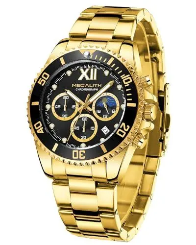 Produktbild: MEGALITH Uhren Herren Chronograph Edelstahl - Gold Herrenuhr Moon Phase 43mm Designer Wasserdicht Armbanduhr Herren Groß Datum Leuchtende Männer Uhr Analog Quarz, Geschenk für Männer