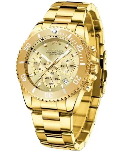 Produktbild: MEGALITH Uhren Herren Chronograph Edelstahl - Herrenuhr Gold 43mm Designer Armbanduhr Herren Wasserdicht Datum Uhren Leuchtende Analog Uhr Business Elegant Geschenk für Männer