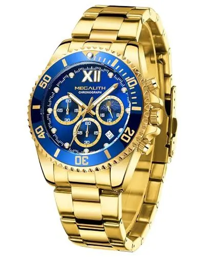 Produktbild: MEGALITH Uhren Herren Chronograph Edelstahl - Herrenuhr Gold Blau Moon Phase 43mm Designer Wasserdicht Armbanduhr Herren Groß Datum Leuchtende Männer Uhr Analog Quarz, Geschenk für Männer