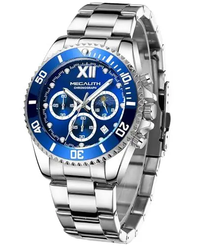 Produktbild: MEGALITH Uhren Herren Chronograph Edelstahl - Silber Herrenuhr Moon Phase 43mm Designer Wasserdicht Armbanduhr Herren Groß Datum Leuchtende Männer Uhr Analog Quarz, Geschenk für Männer