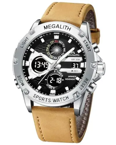 Produktbild: MEGALITH Uhren Herren Digital Armbanduhr: Wasserdicht Sport Herrenuhr mit Wecker Stoppuhr - Digitaluhr Herren Groß Zifferblatt Braun Leder