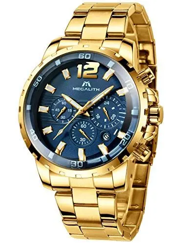 Produktbild: MEGALITH Uhren Herren Gold Armbanduhr: Edelstahl Chronograph Herrenuhr mit Datum - Groß Ziffernblatt Arbeitsuhr für Männer