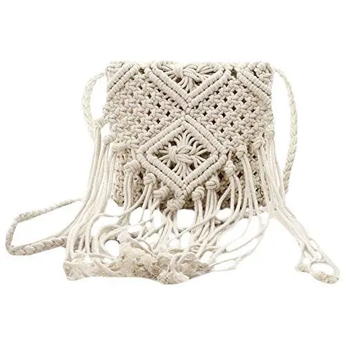 Produktbild: MEGAUK Umhängetasche mit Fransen Damen Schultertasche Fransentasche Quasten Stroh gewebte Strandtasche für Frauen, Weiß