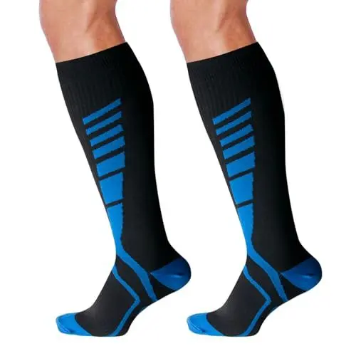 Produktbild: MEGAVOW 1 Paar Kompressionsstrümpfe Sport für Herren Damen, Kompressionssocken Stützstrümpfe Laufsocken, Compression Socks für Sport Laufen Flug Reisen, L/XL, Schwarz&Blau