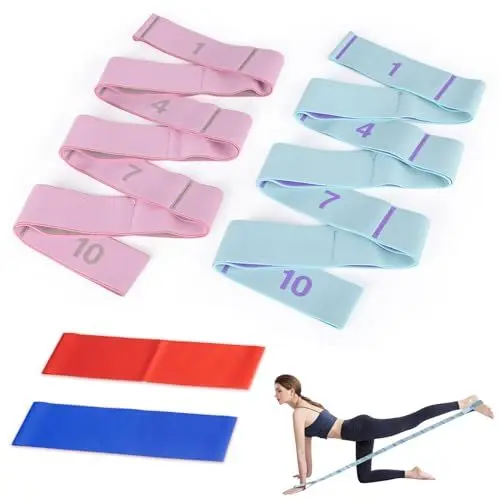 Produktbild: MEGAVOW Fitness Stretchgurt 4er-Set, Stretching Band, Fitnessbänder, Widerstandsbänder, Dehnungsband mit 10 Schleifen, Hochelastischer Elastikband Gymnastikband, Pilates Zubehör für Physiotherapie