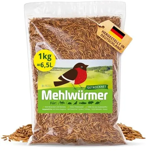 Produktbild: Detox Organica Mehlwürmer Getrocknet, 1Kg (6,5L) getrocknete Mehlwürmer mit sehr hohem Proteingehalt, Würmer für Reptilien, Vögel, Wildvögel, Igel, Fische, Schildkröten & Nager – Premium Qualität
