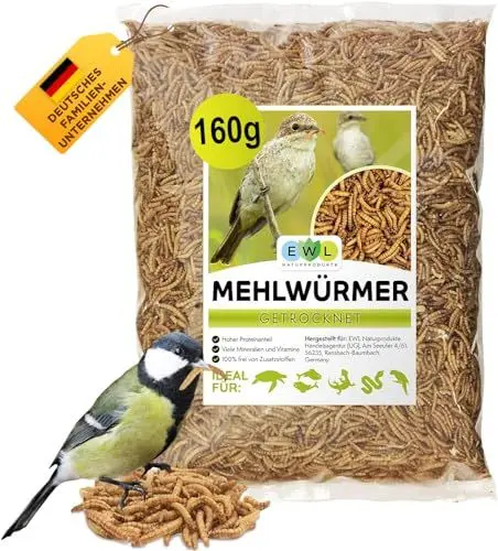 Produktbild: Mehlwürmer getrocknet 1 ltr. 160g Insektensnack für Vögel, Fische, Schildkröten, Igel, Nager und Reptilien, Vogelfutter Wildvögel Ganzjährig Eichhörnchen Futter, Igelfutter