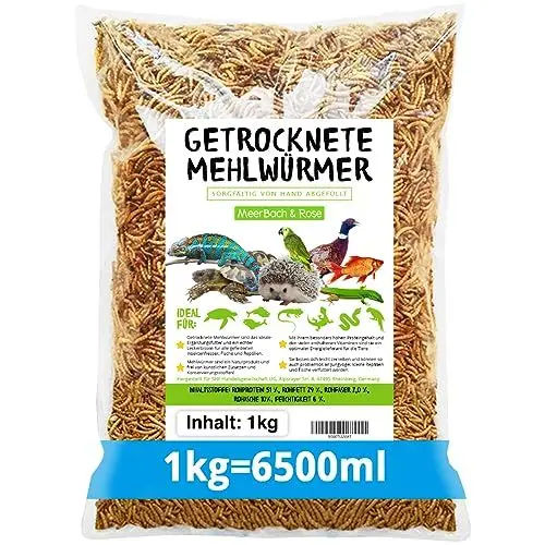 Produktbild: Mehlwürmer getrocknet, 1kg (entspricht 6,5 Litern!) Futtermittel im Beutel, der proteinreiche Snack für Wildvögel, Fische, Reptilien, Schildkröten und Igel