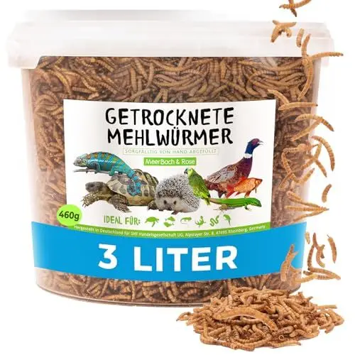Produktbild: Mehlwürmer getrocknet, 3 Liter (460g) Futtermittel im Eimer, Igelfutter, Vogelfutter Wildvögel, proteinreicher Snack für Fische und Reptilien