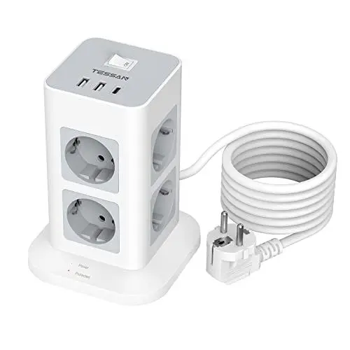 Produktbild: Mehrfachsteckdose Überspannungsschutz 3600W 16A, TESSAN 8 Fach Steckdosenleiste USB C Mehrfachstecker, Steckerleiste mit 2M Verlängerungskabel, Steckdosenturm Verteilersteckdose für Zuhause, Grau