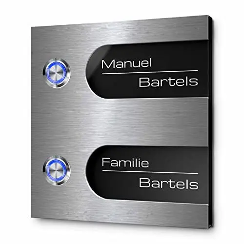 Produktbild: Mehrfamilien Türklingel mit Gravur und 2 LED-Klingelknöpfen 12x13 cm | Modell: Bartels-Aa | gravierte Klingel aus Hochglanz Acrylglas und Edelstahl Klingelschild Klingelplatte