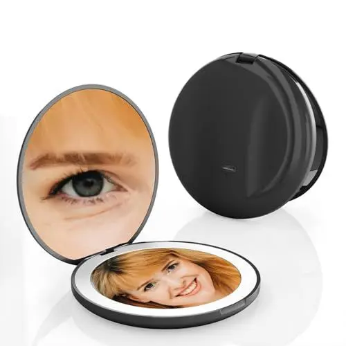 Produktbild: Meichoon Mini-Make-up-Spiegel 10X Vergrößerung LED-Lichter Wiederaufladbar Kompakt Taschenhandspiegel Doppelseitig Reise-Tragbar Kosmetik-Werkzeug UK15 Schwarz