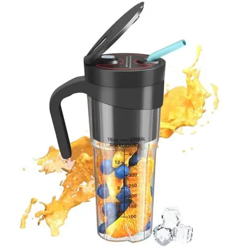 Produktbild: Meichoon Tragbarer Saftbecher, wiederaufladbarer USB-Mixer mit Strohhalm und Skala, 470 ml, kabellos, wasserdicht, für Obst, Gemüse, Saft, LB40, Schwarz, Q-LB40 Black