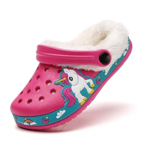 Produktbild: Meidiastra Kinder Einhorn Clogs Jungen Mädchen Winter Warme Gefüttert Pantoletten Hausschuhe Licht rutschfeste Plüsch Pantoffeln Gartenschuhe Rot32