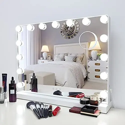 Produktbild: Meidom Hollywood Spiegel mit Beleuchtung, mit USB, Aluminiumrahmen 3 Farbtemperatur Licht, 15 Dimmer-LED-Leuchten, Touch Steuerung Schminkspiegel 58x46cm Weiß