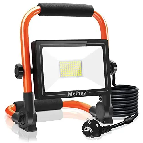 Produktbild: MEIHUA 60W LED Baustrahler 5200LM LED Strahler, 6500K, IP66 Wasserdicht Tragbar Baustrahler 3.5M Kabel mit Schalten Stecker Flutlicht Arbeitsleuchte für Werkstatt Baustelle Garage