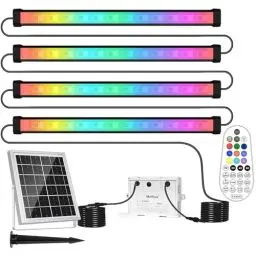 Produktbild: MEIHUA Solar RGB Strahler Außen LED Wallwasher, IP66 Wasserdicht 6V 6W Lightbar 10 Farbe 12 Modi mit Timer Discolicht Partybeleuchtung für DJ Kneipen Garten Karneval Halloween Deko, 4 in 1