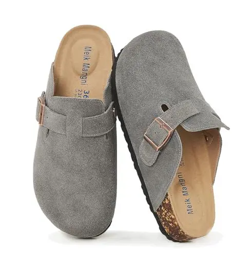 Produktbild: Meik Mangni Wildleder Clogs für Damen Herren Komfort Kartoffel Schuhe mit Arch Support Frauen aus Leder rutschfest Pantoletten mit Weiches Kork Fußbett,Grau,Gr.42 EU
