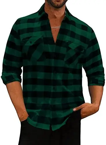 Produktbild: Meilicloth Flanellhemd Kariert Herren Kariertes Freizeithemd Langarm Casual Western Button Down mit Fronttasche Regular Fit Grün Schwarz L