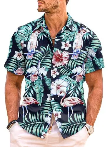 Produktbild: Meilicloth Hawaii Hemd Männer Funky Hawaiihemd Herren Kurzarm Flamingos Sommerhemd Aloha Strand Floral Blumen Obst Muster A Schwarzes Flamingo L