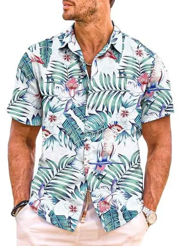 Produktbild: Meilicloth Hawaii Hemd Männer Funky Hawaiihemd Herren Kurzarm Flamingos Sommerhemd Aloha Strand Floral Blumen Obst Muster A Weißes Flamingo XXL