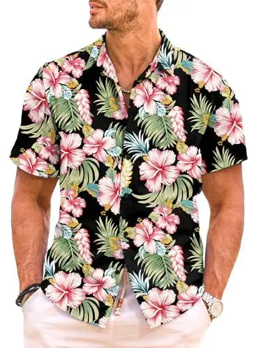 Produktbild: Meilicloth Hawaii Hemd Männer Hawaiihemd Herren Strandhemd Kurzarm Sommerhemd Funky Casual Flamingo Floral Bedruckter Urlaub Shirt Herren Hawaii Shirt Sommer Schwarz-1 XXL