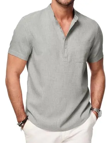Produktbild: Meilicloth Herren Hemd Kurzarm Henley Sommerhemd Hawaii Hemd Männer Regular Fit Freizeithemd Casual mit Taschen Grün L