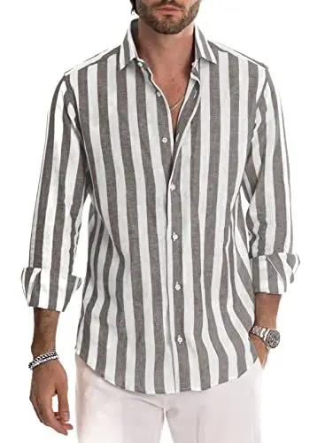 Produktbild: Meilicloth Herren Hemd Langarm Sommer Gestreifte Freizeithemden Casual mit Knöpfen Regular Fit Grau Weiß L