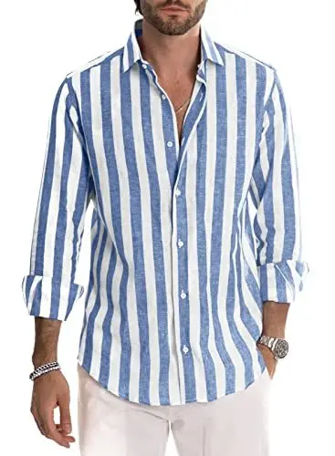Produktbild: Meilicloth Herren Hemd Langarm Sommer Gestreifte Freizeithemden Casual mit Knöpfen Regular Fit Himmelblau Weiß XL