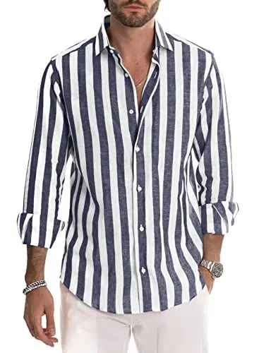 Produktbild: Meilicloth Herren Hemd Langarm Sommer Gestreifte Freizeithemden Casual mit Knöpfen Regular Fit Navy blau Weiß L
