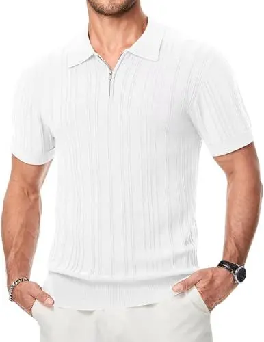 Produktbild: Meilicloth Herren Poloshirt mit Reißverschluss Sommer Kurzarm Strick Gestreiftes Polohem Weiß L