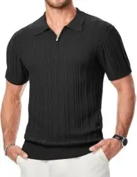 Produktbild: Meilicloth Herren Poloshirt mit Reißverschluss Sommer Kurzarm Strick Gestreiftes Polohemd Stretch Golf Casual Polo Shirt Schwarz L
