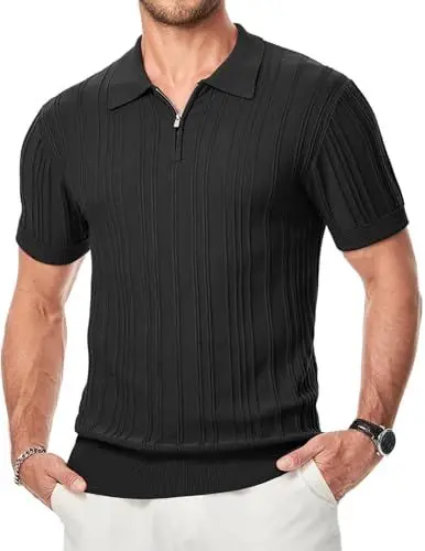 Produktbild: Meilicloth Herren Poloshirt mit Reißverschluss Sommer Kurzarm Strick Gestreiftes Polohemd Stretch Golf Casual Polo Shirt Schwarz L