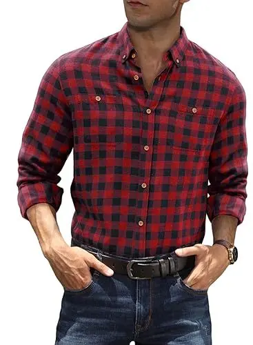 Produktbild: Meilicloth Kariertes Hemd Herren Flanellhemd Langarm Trachtenhemd Freizeithemd Oktoberfest Hemd Karohemd Holzfällerhemd Herren Button Down Arbeitshemd Regular Fit Rot M