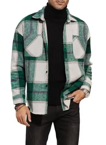 Produktbild: Meilicloth Kariertes Hemd Herren Hemdjacke Grün Leinenhemd Langarm Business Hemd L
