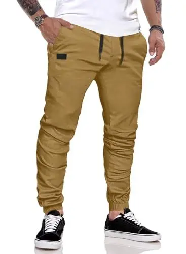 Produktbild: Meilicloth Leichte Jogginghose Sommer Herren Hose Cargo Jogger Arbeitshose Baumwolle Casual Jogginghose Outdoor Elastische Taille mit Taschen Dunkekhaki L