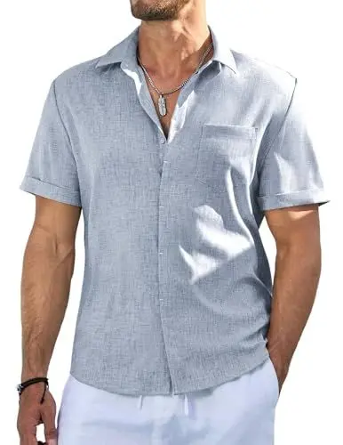 Produktbild: Meilicloth Leinenhemd Herren Hemd Kurzarm Hawaiihemd Freizeithemd Regular fit Casual Strand Sommerhemd Shirt Casual Mode Party Strand Blau-1 L