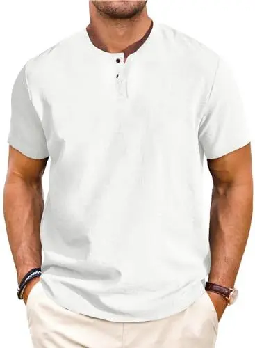 Produktbild: Meilicloth Leinenhemd Herren Kurzarm Sommer Herren Henley Shirt Leinen Freizeithemd Kurz T Shirt für Herren Kurzarmhemd Sommerhemd Oberteil Herren kurzärmliges Hemd Casual Strand Hawaii Weiß XXL