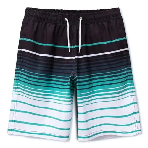 Produktbild: MEILONGER Badehose Jungen Badeshorts Schnelltrocknend Boardshorts mit Netzfutter Taschen und Verstellbarem Tunnelzug(Gestreift Schwarz Blau Weiß,14-16)