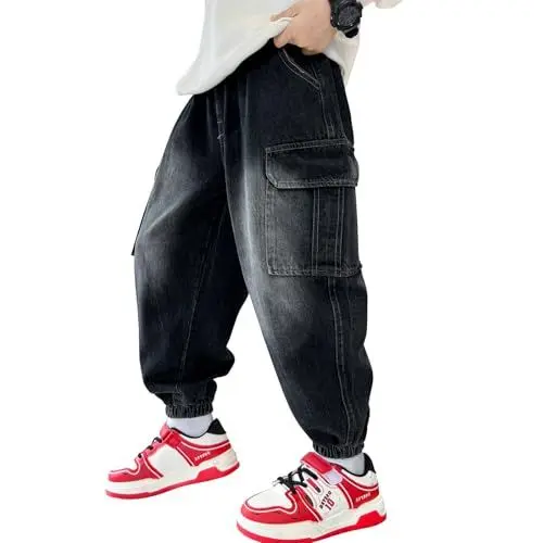 Produktbild: MEILONGER Baggy Jeans Jungen Kinder Elastische Mit Taille Stretch Mode Denim Hosen(24010Schwarz,10-12)