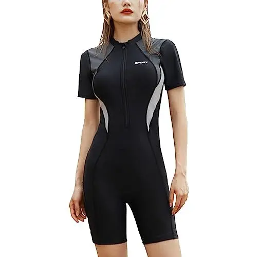 Produktbild: MEILONGER Damen Surfanzug Badeanzug mit Reißverschluss Einteiler Rashguard Bademode Surfen Schwimmanzug Badebekleidung mit Badehose und Boyshort(Schwarz,M)