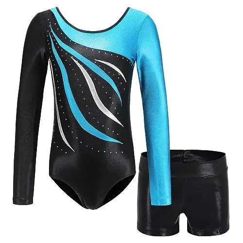 Produktbild: MEILONGER Gymnastikanzug Mädchen，turnanzug mädchen langarm,Ballett Gymnastikbody Turntrikot Gymnastikhose Shorts，2er Set Kinder Glänzende Turnanzug mit Strasssteine(Himmelblau,6-7)