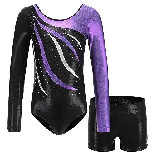 Produktbild: MEILONGER Gymnastikanzug Mädchen，turnanzug mädchen langarm,Ballett Gymnastikbody Turntrikot Gymnastikhose Shorts，2er Set Kinder Glänzende Turnanzug mit Strasssteine(Lila,8)