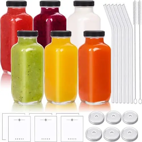 Produktbild: MEIMUCUL Glasflaschen zum Befüllen mit Deckel,500ml Smoothie Flasche,6 Stück Kleine Flaschen zum Befüllen,Wiederverwendbare Flasche Glas mit Schwarzem Deckel,Ideal für Eissand,Saft, Milchshakes