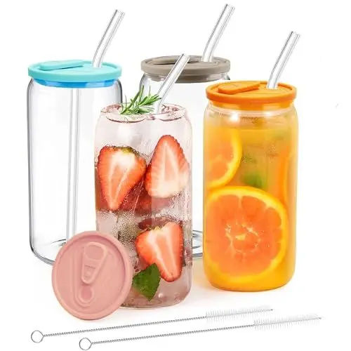 Produktbild: MEIMUCUL Glas mit Deckel und Strohhalm,Trinkglas mit Deckel 500ml, Eiskaffee Gläser,Dosenförmige Glasbecher,Smoothie Gläser,Trinkgläser mit Deckel und Strohhalm für Smoothie, Latte,Macchiato,Whiskey